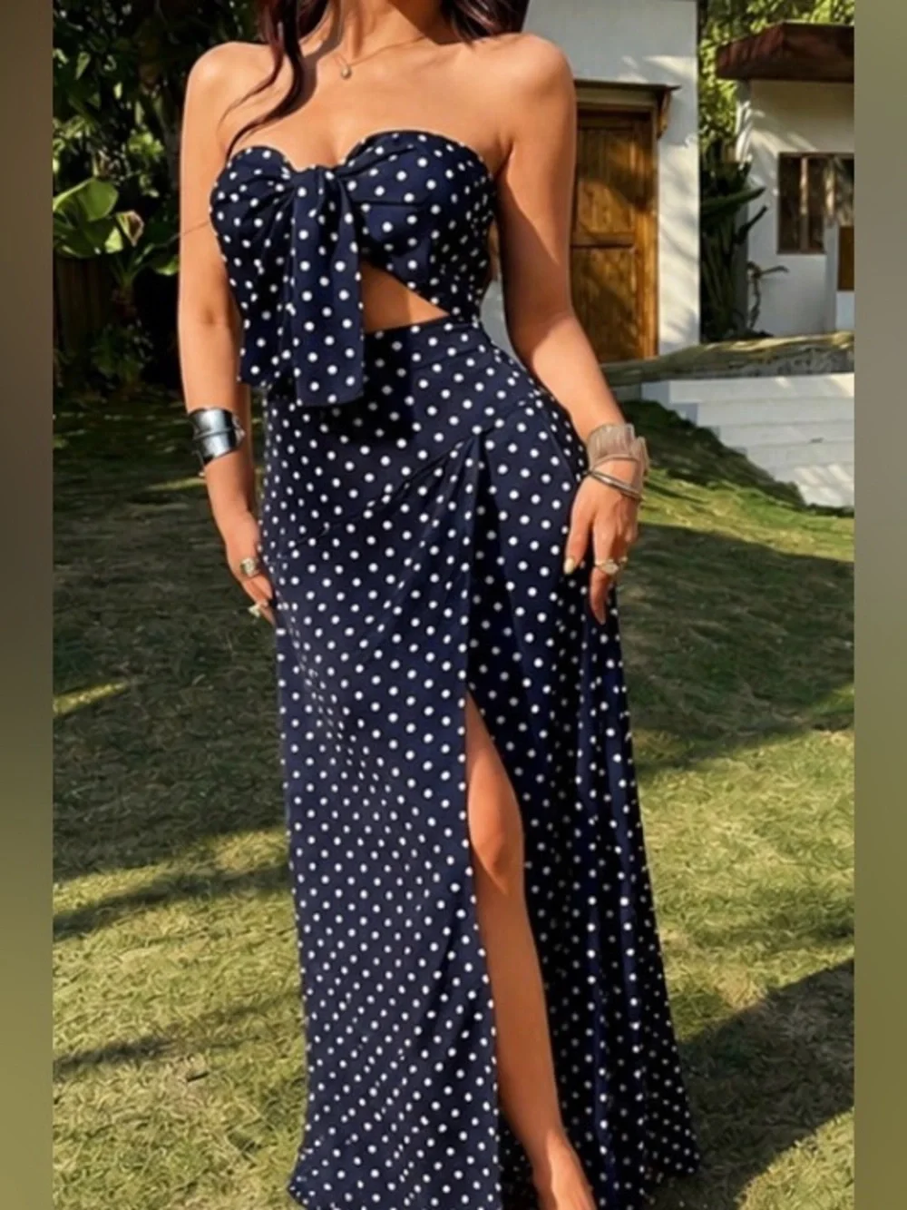 SHEIN VCAY Navy Polka Dot Cutout Maxi Dress Set NWOT Medium - Picture 2 of 3